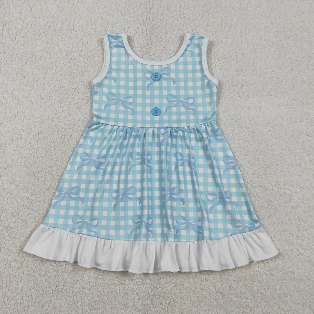 GSD3144 Bows Plaid Blue Print Girls Summer Knee Length Dress