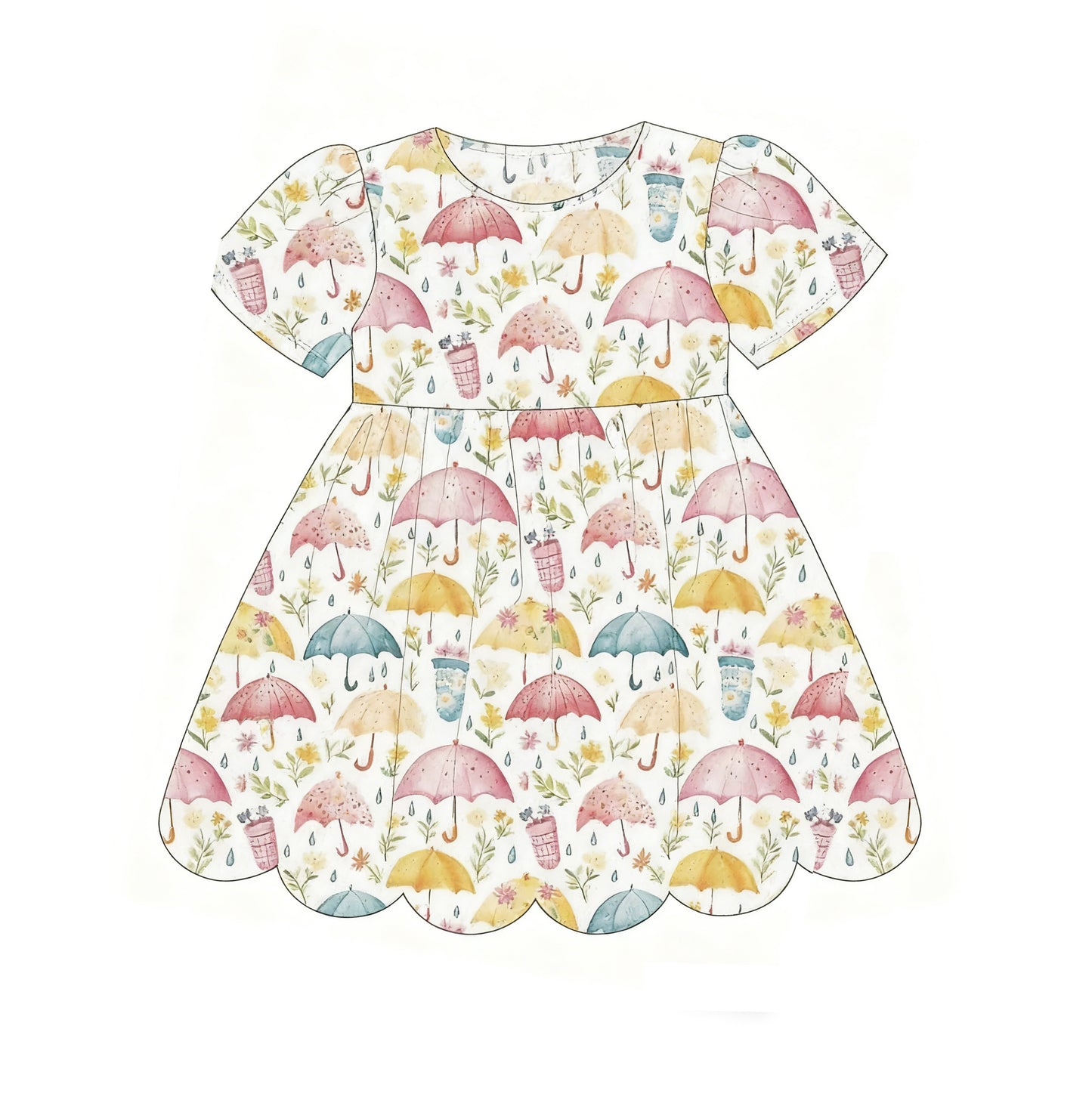 (Pre-order)GSD3225 Umbrella Flowers Print Girls Summer Knee Length Dress