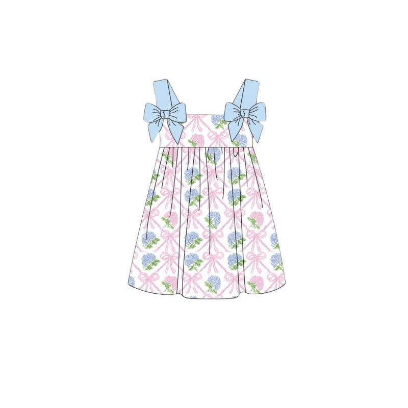 (Pre-order)GSD3227 Flowers Bows Print Girls Summer Knee Length Dress