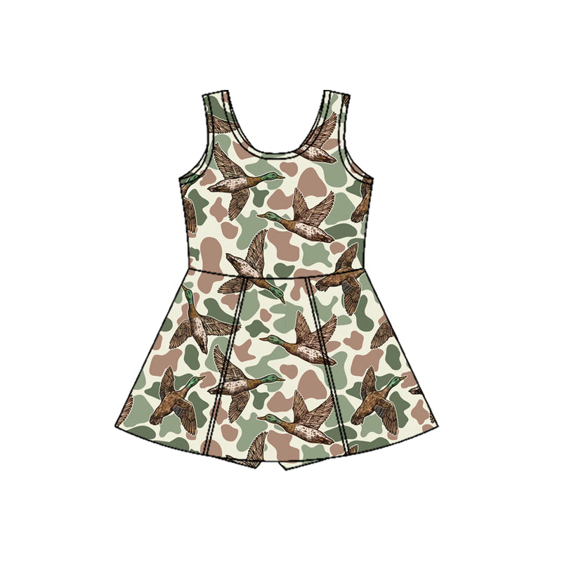 (Pre-order)GSD3232 Duck Green Camo Print Girls Summer Knee Length Yoga Dress
