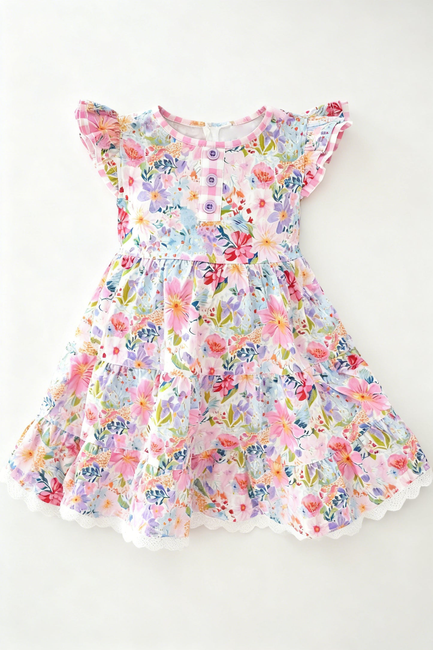 (Pre-order)GSD3235 Colorful Flowers Print Girls Summer Knee Length Dress