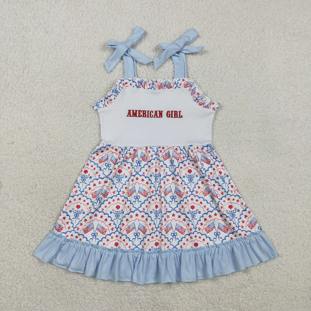 GSD3239 American Girl Embroidery Flag Bows Print Girls 4th of July Knee Length Strap Dress