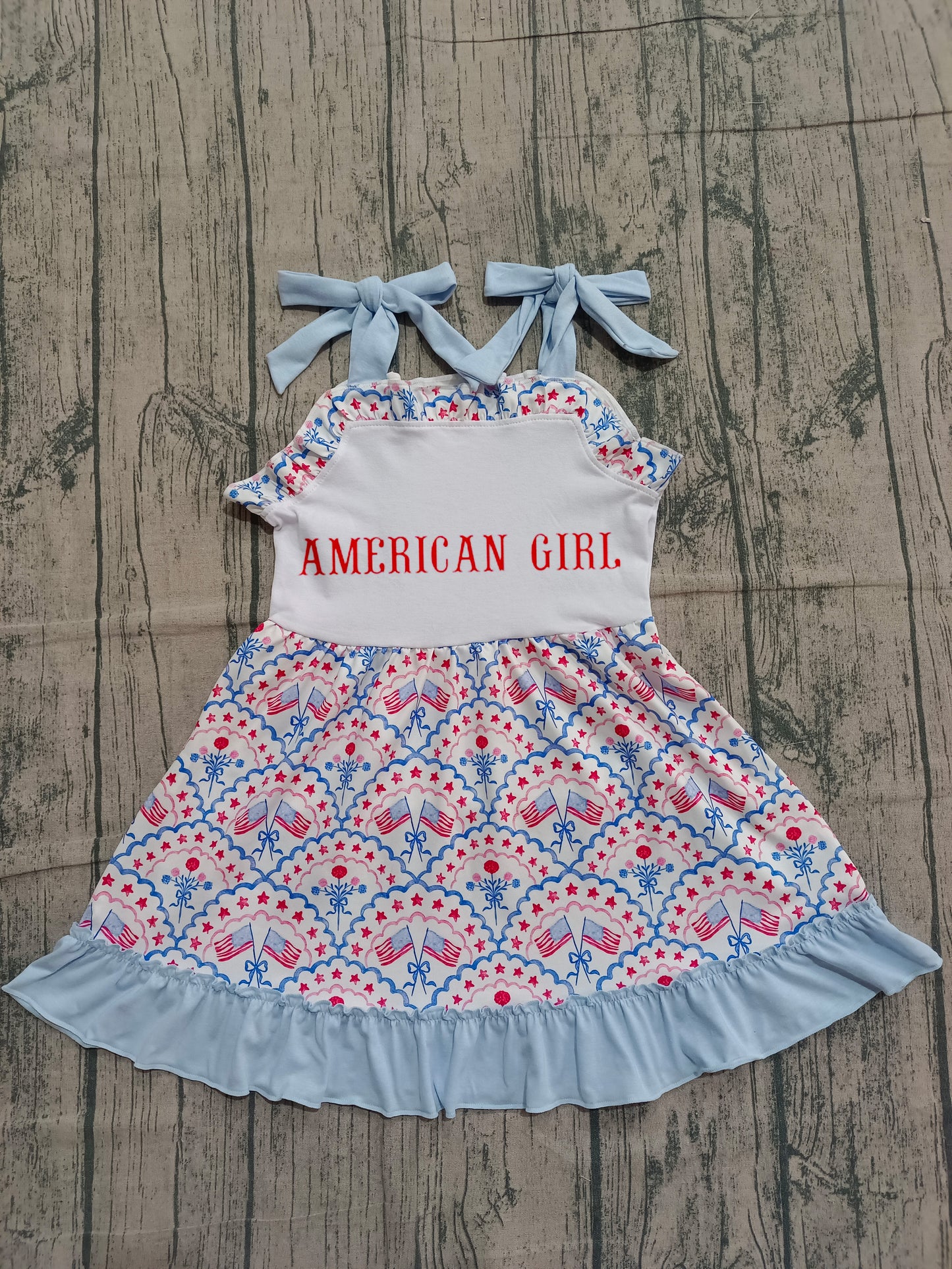 (Pre-order)GSD3239 American Girl Flag Bows Print Girls 4th of July Knee Length Strap Dress