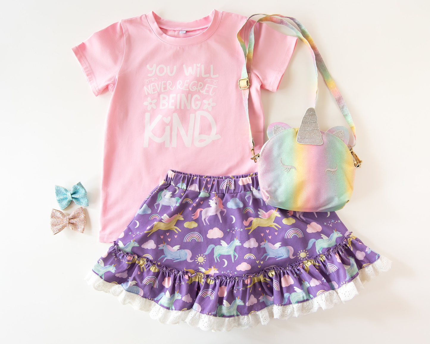 (Pre-order)GSD3242 Being Kind Pink Top Unicorn Skirts Girls Summer Clothes Set