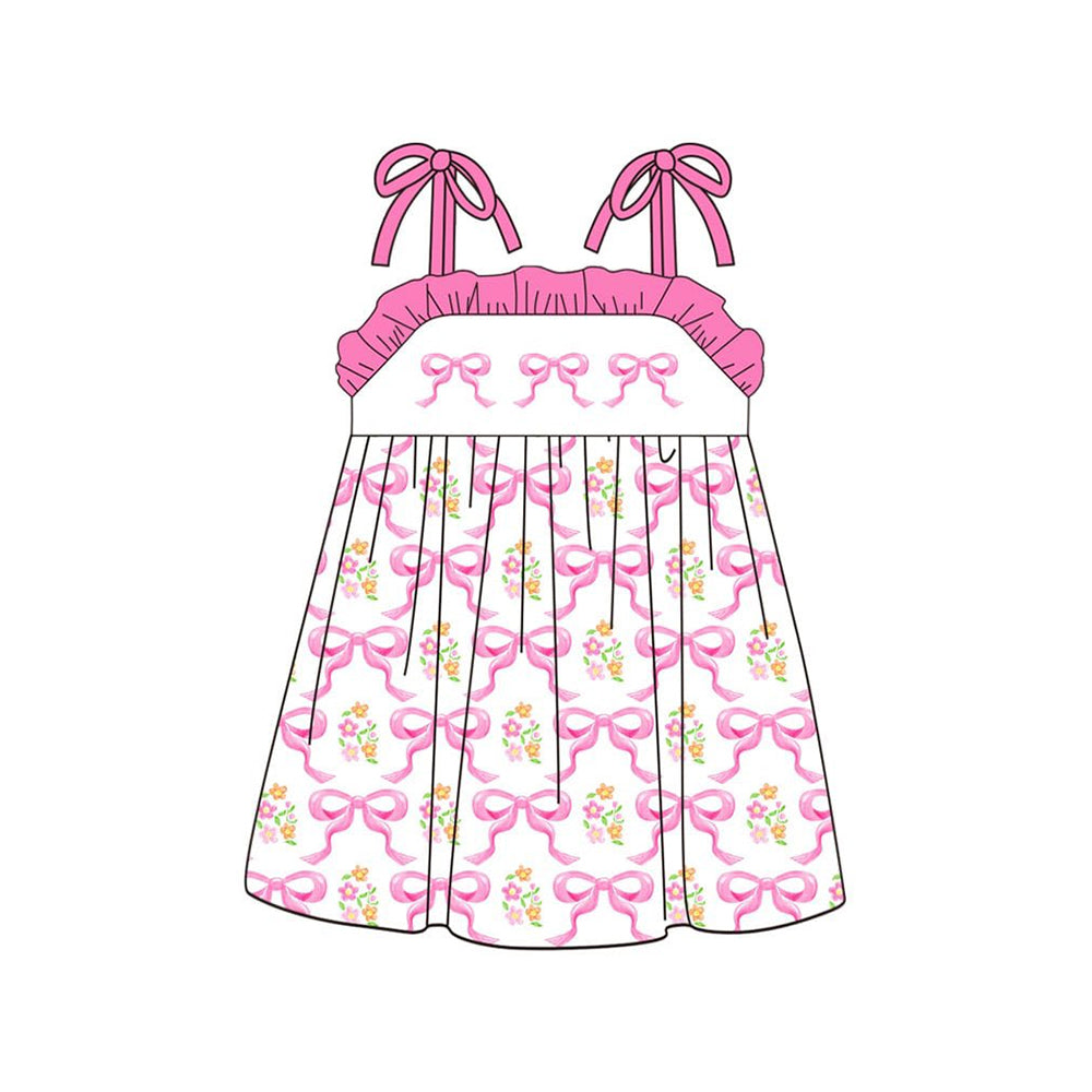 (Pre-order)GSD3248 Pink Bows Small Flowers Print Girls Summer Knee Length Dress