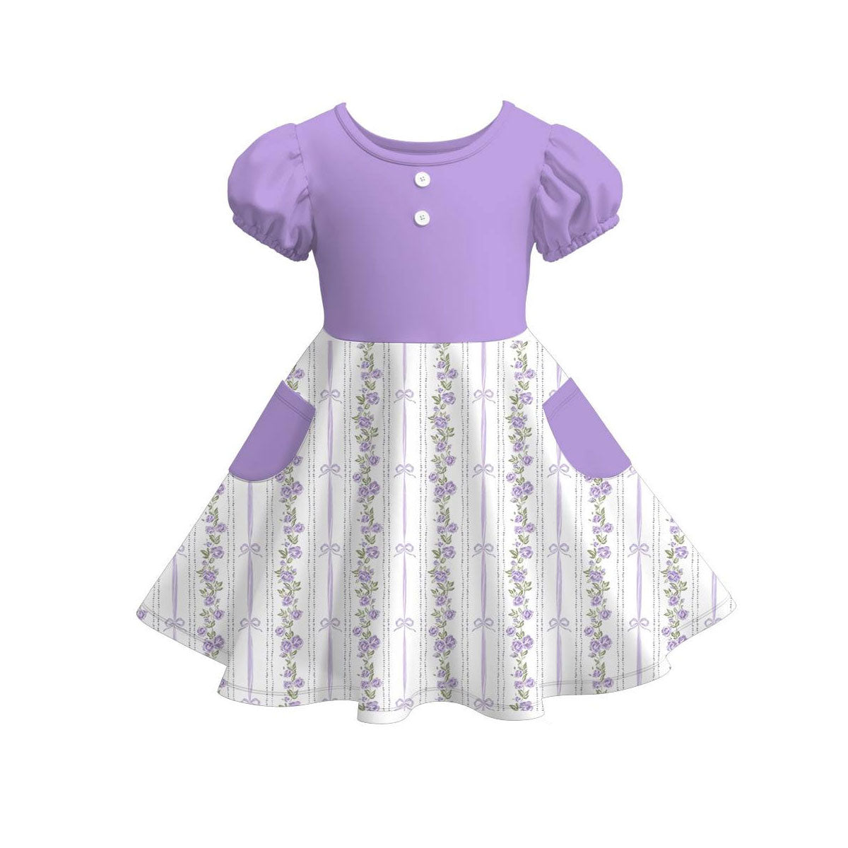 (Pre-order)GSD3264 Small Purple Flowers Bows Print Pockets Girls Summer Knee Length Dress