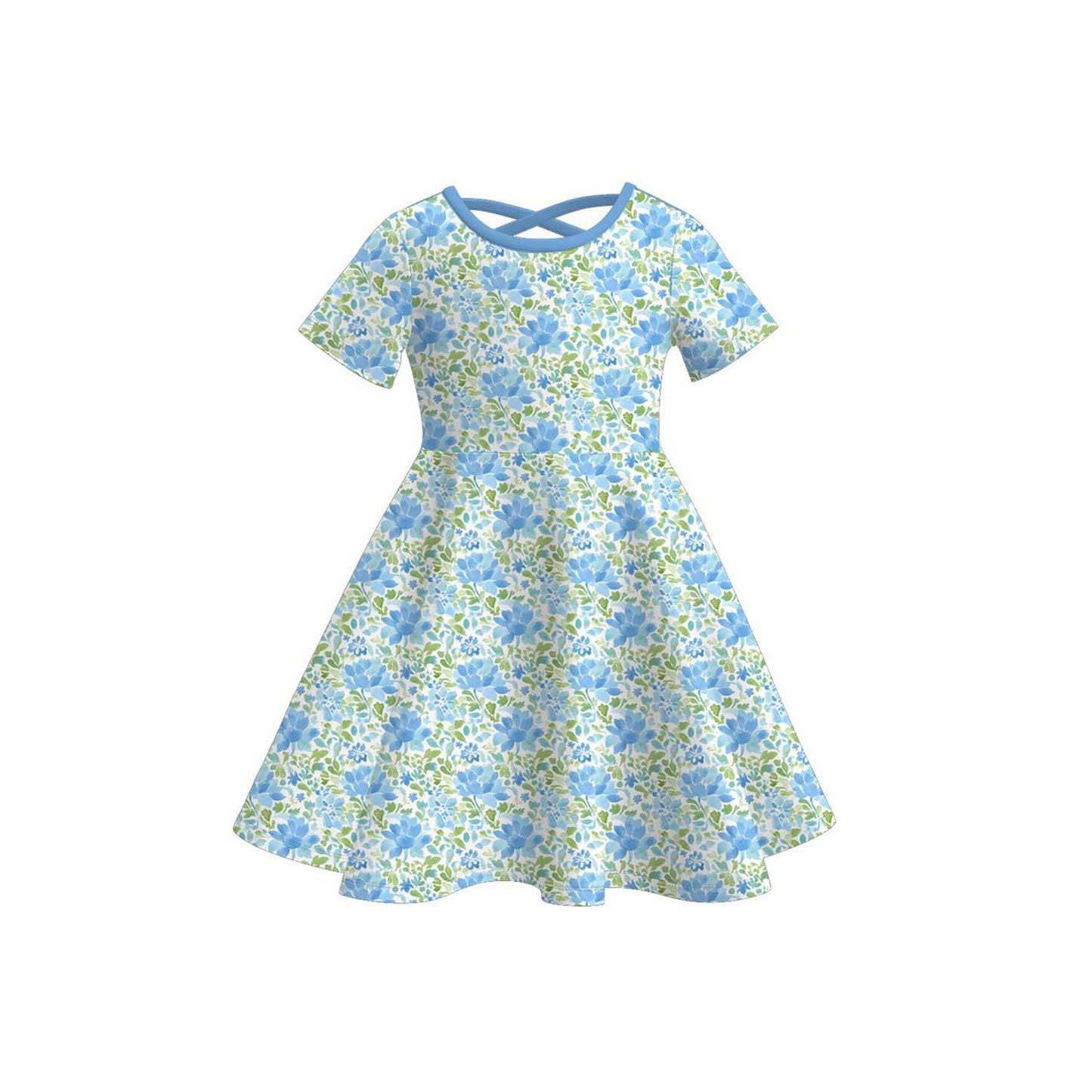 (Pre-order)GSD3267 Blue Flowers Print Girls Summer Knee Length Dress