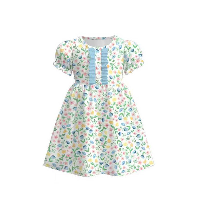(Pre-order)GSD3269 Colorful Small Flowers Print Girls Summer Knee Length Dress