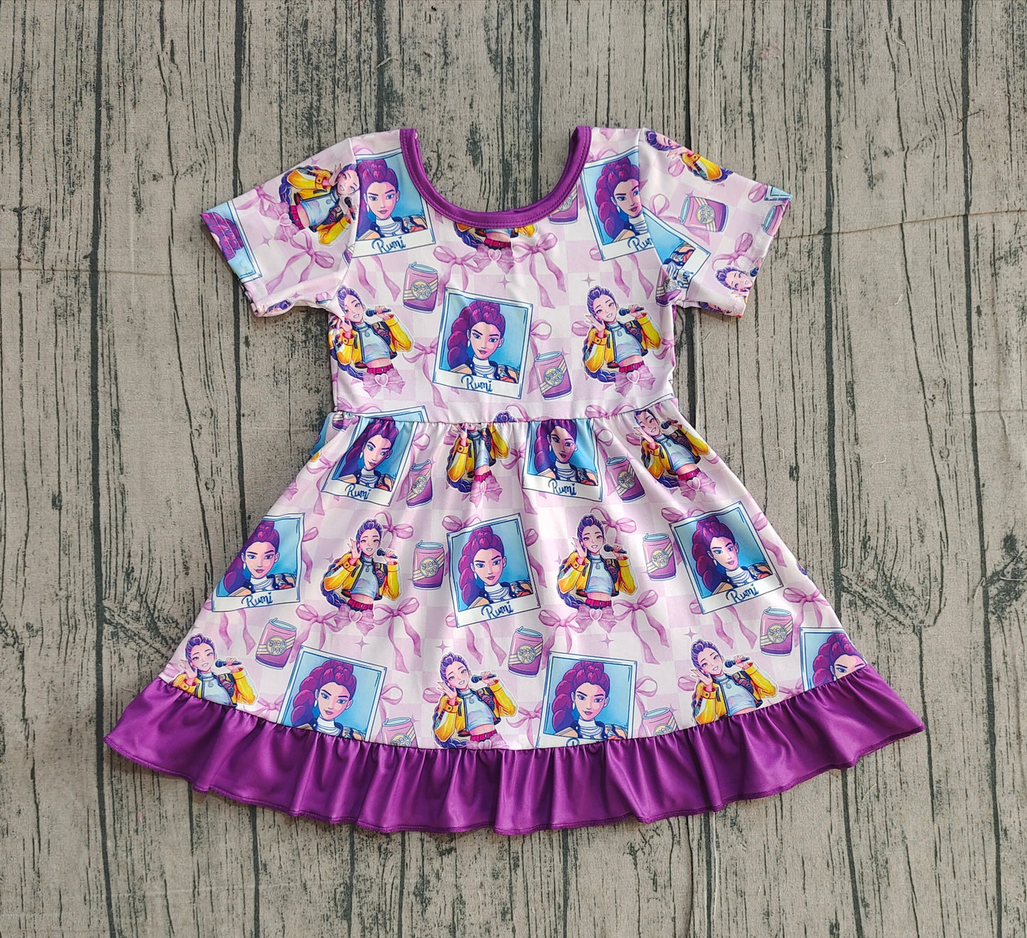 (Pre-order)GSD3272 Cartoon Demon Movie Purple Bows Print Girls Summer Knee Length Dress