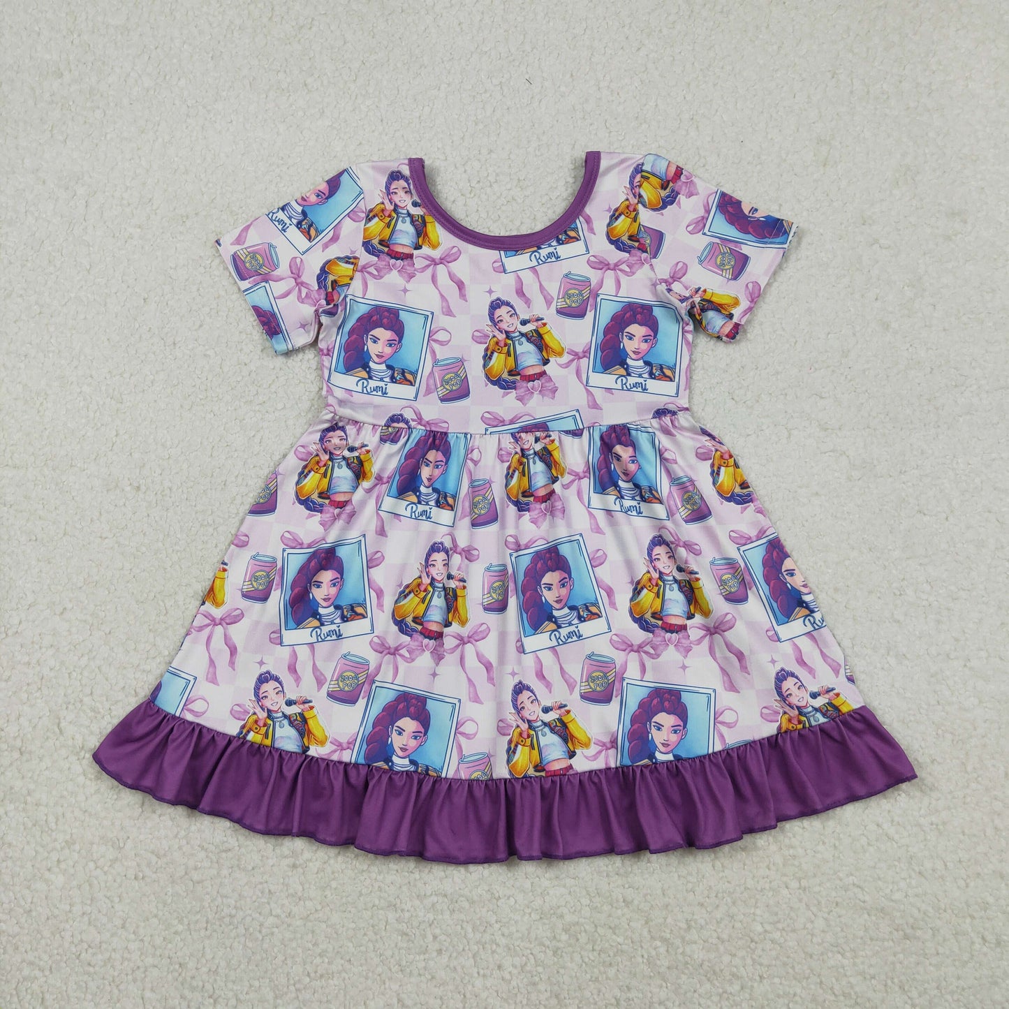 GSD3272 Cartoon Demon Movie Purple Bows Print Girls Summer Knee Length Dress