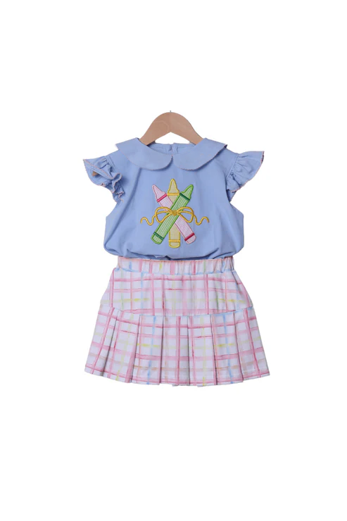 (Pre-order)GSD3279 Pen Bows Blue Top Plaid Skirts Girls Back to School Clothes Set