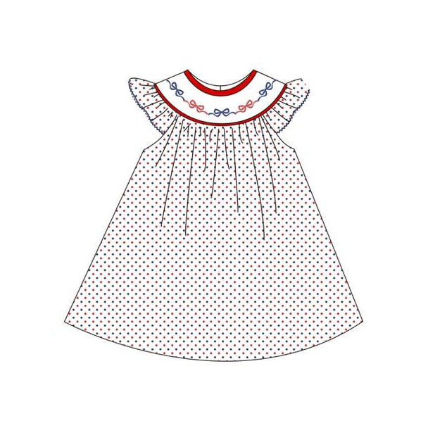 (Pre-order)GSD3282 Bows Dots Print Girls 4th of July Knee Length Dress
