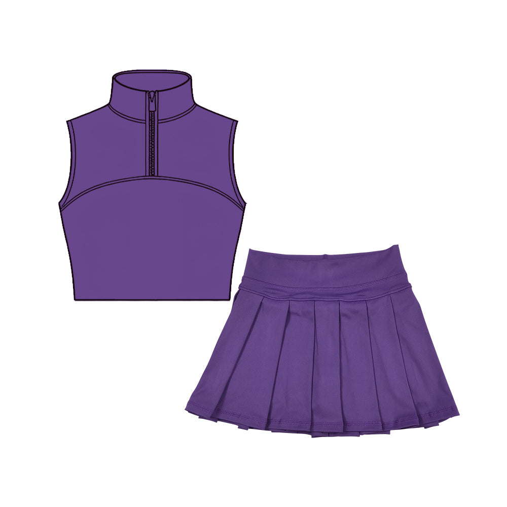 (Pre-order)GSD3296 Purple Color Zipper Top Skirts Girls Summer Yoga Clothes Set