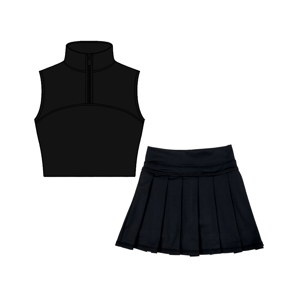 (Pre-order)GSD3297 Black Color Zipper Top Skirts Girls Summer Yoga Clothes Set