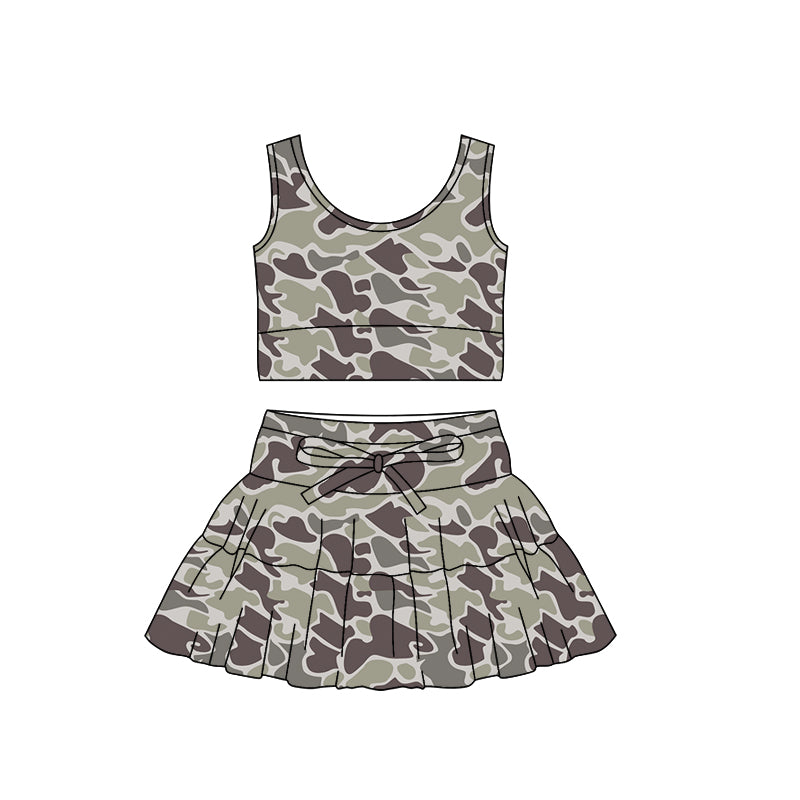 (Pre-order)GSD3304 Dark Brown Camo Print Tank Top Skirts Girls Summer Yoga Clothes Set