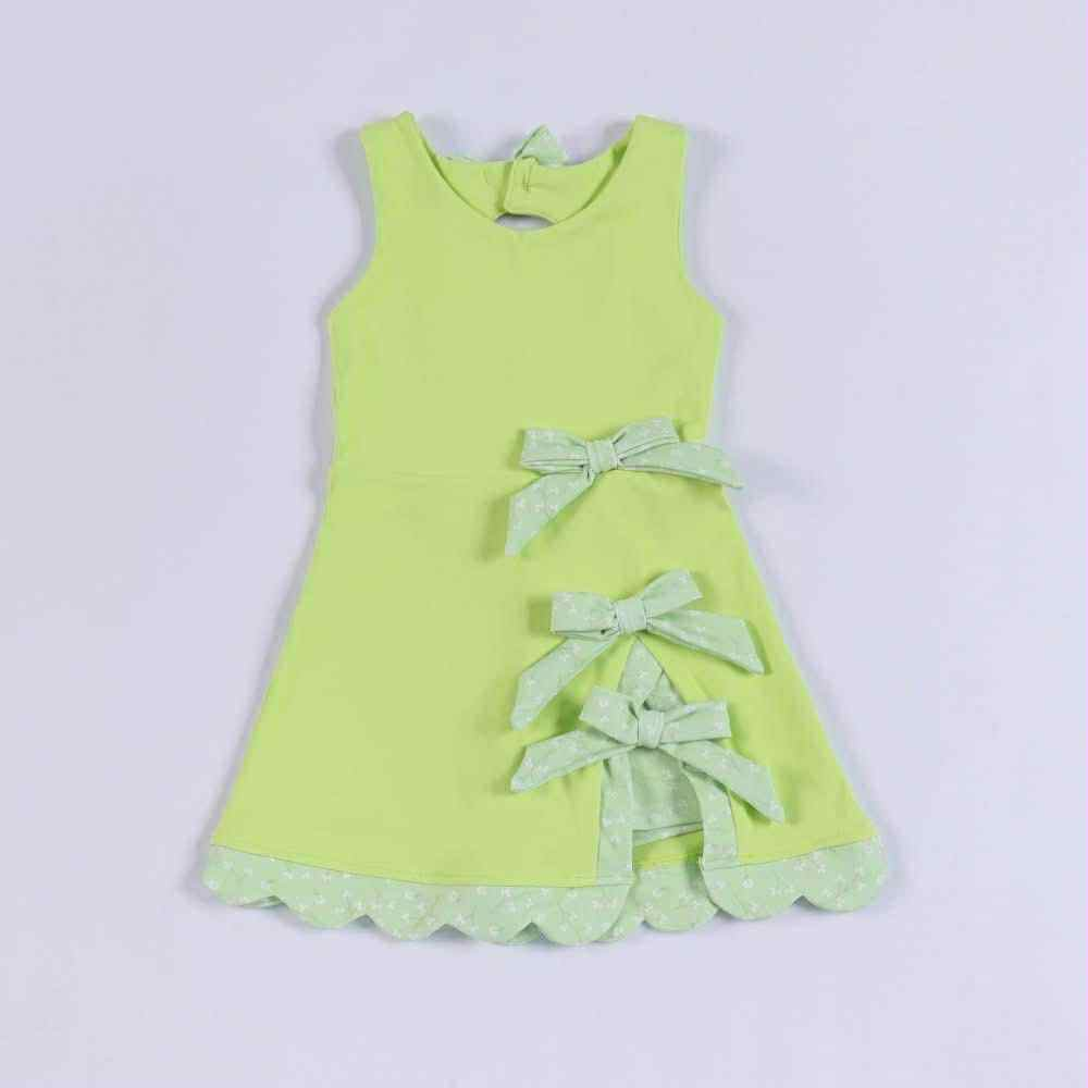 (Pre-order)GSD3316 Green Color Bows Girls Summer Knee Length Yoga Dress