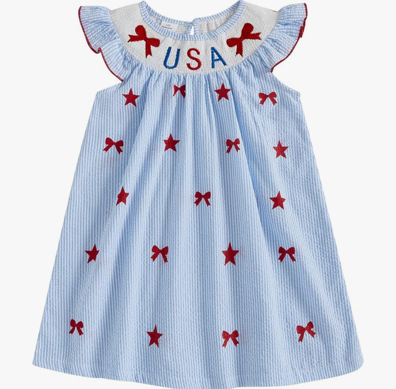 (Pre-order)GSD3341 Bows Stars USA Print Girls 4th of July Knee Length Dress