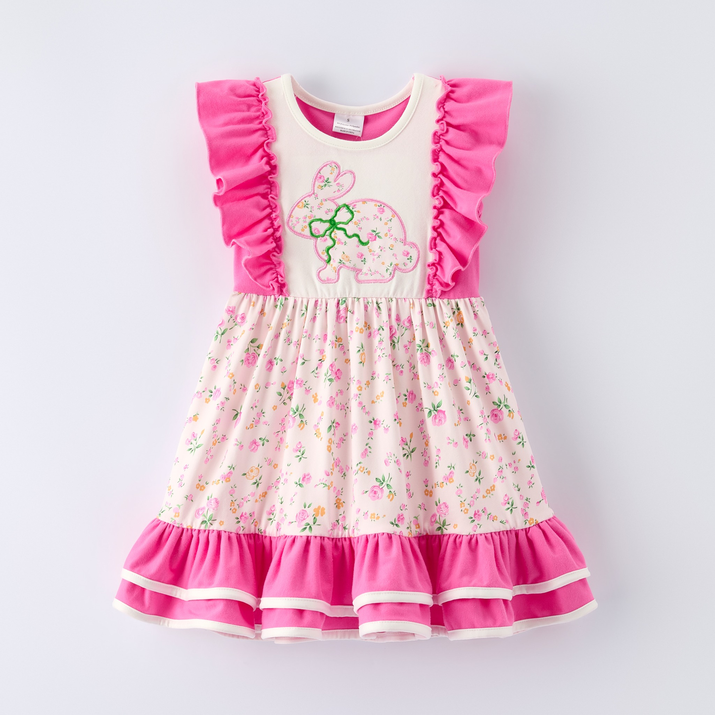 (Pre-order)GSD3343 Bunny Flowers Print Girls Easter Knee Length Dress