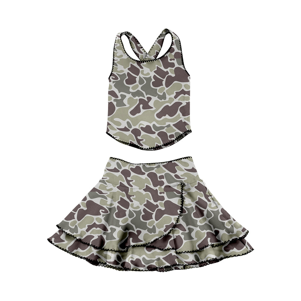 (Pre-order)GSD3352 Dark Brown Camo Top Ruffles Skirts Girls Summer Yoga Clothes Set