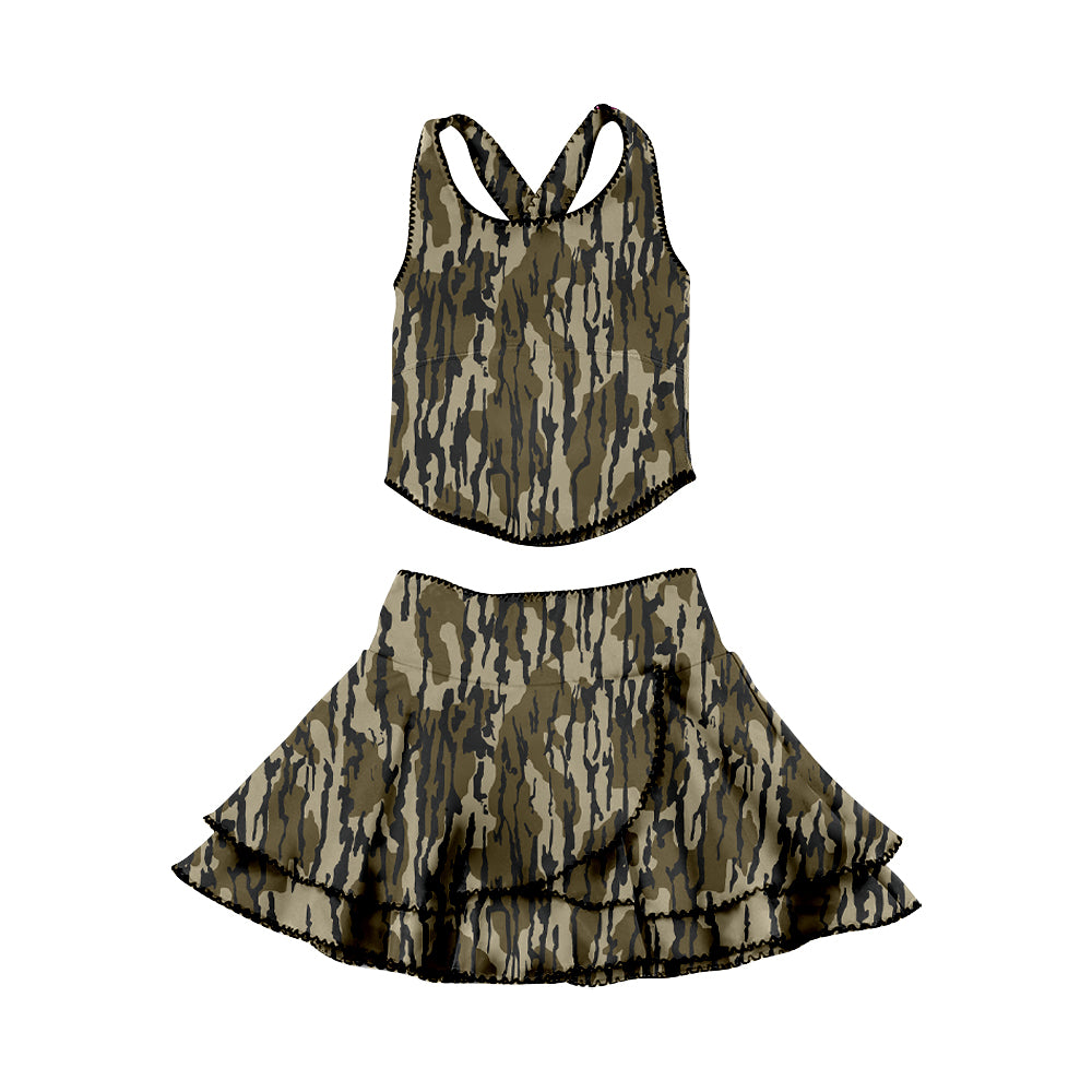 (Pre-order)GSD3353 Camo Top Ruffles Skirts Girls Summer Yoga Clothes Set