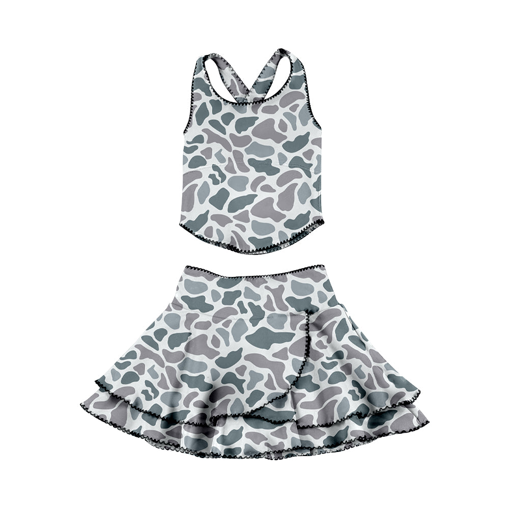(Pre-order)GSD3354 Grey Camo Top Ruffles Skirts Girls Summer Yoga Clothes Set