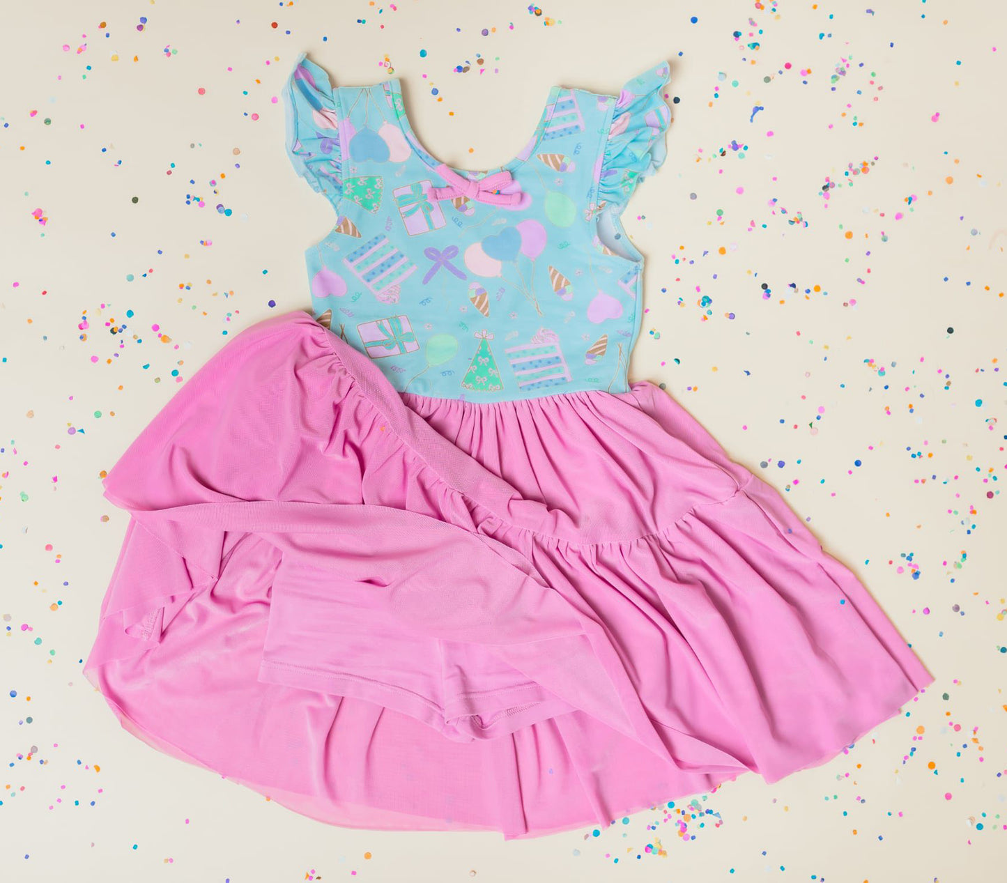 (Pre-order)GSD3360 Cake Gift Bows Print Girls Summer Knee Length Yoga Dress