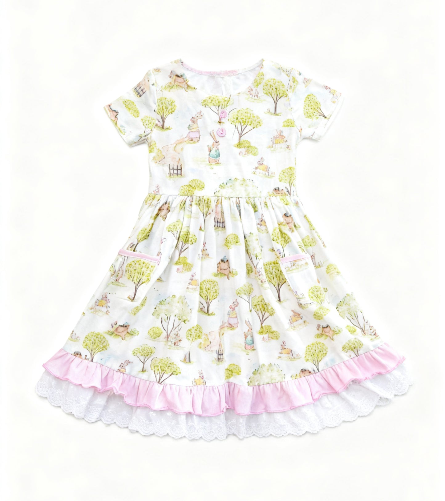 (Pre-order)GSD3364 Bunny Tree Print Girls Easter Knee Length Dress