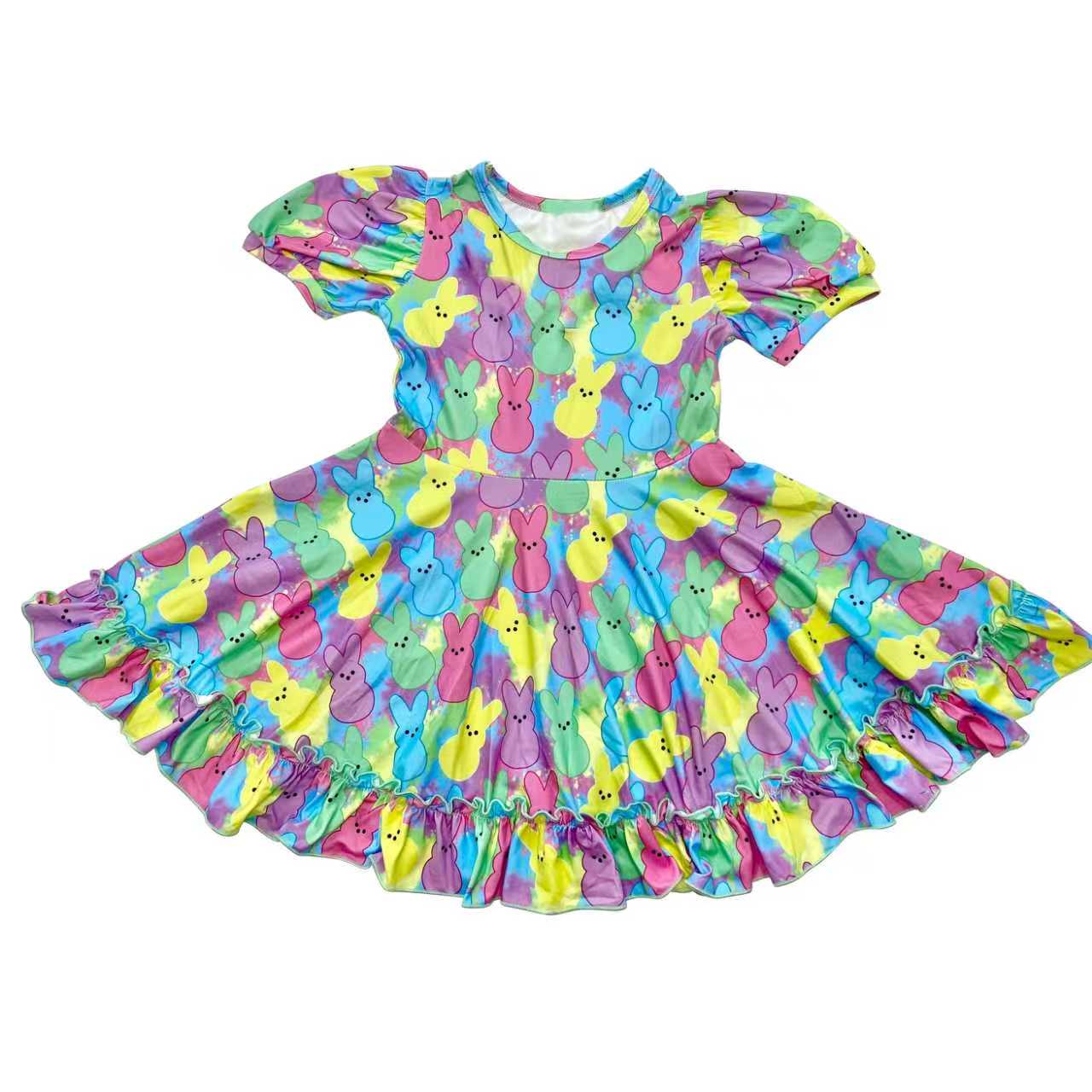 (Pre-order)GSD3365 Colorful Bunny Print Girls Easter Knee Length Dress