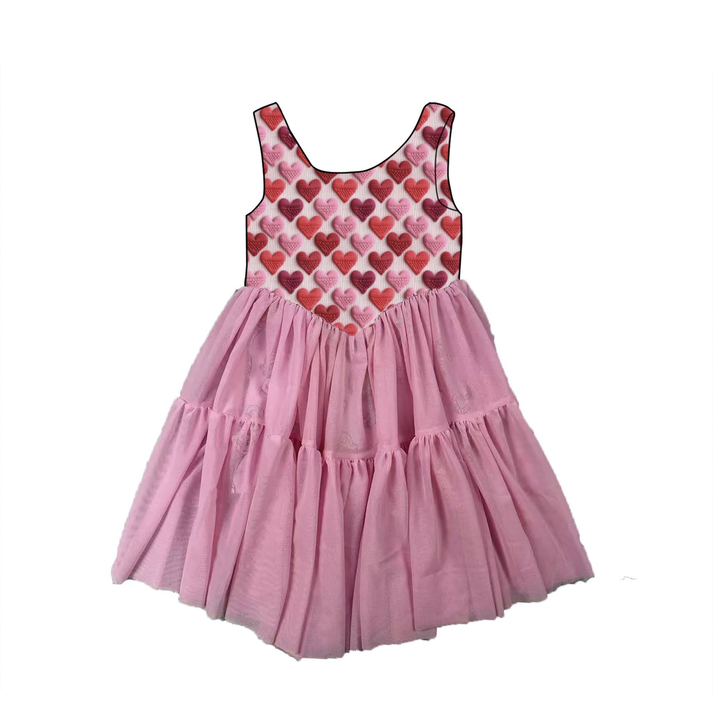 (Pre-order)GSD3370 Hearts Pink Red Print Girls Valentine's Day Knee Length Tulle Dress