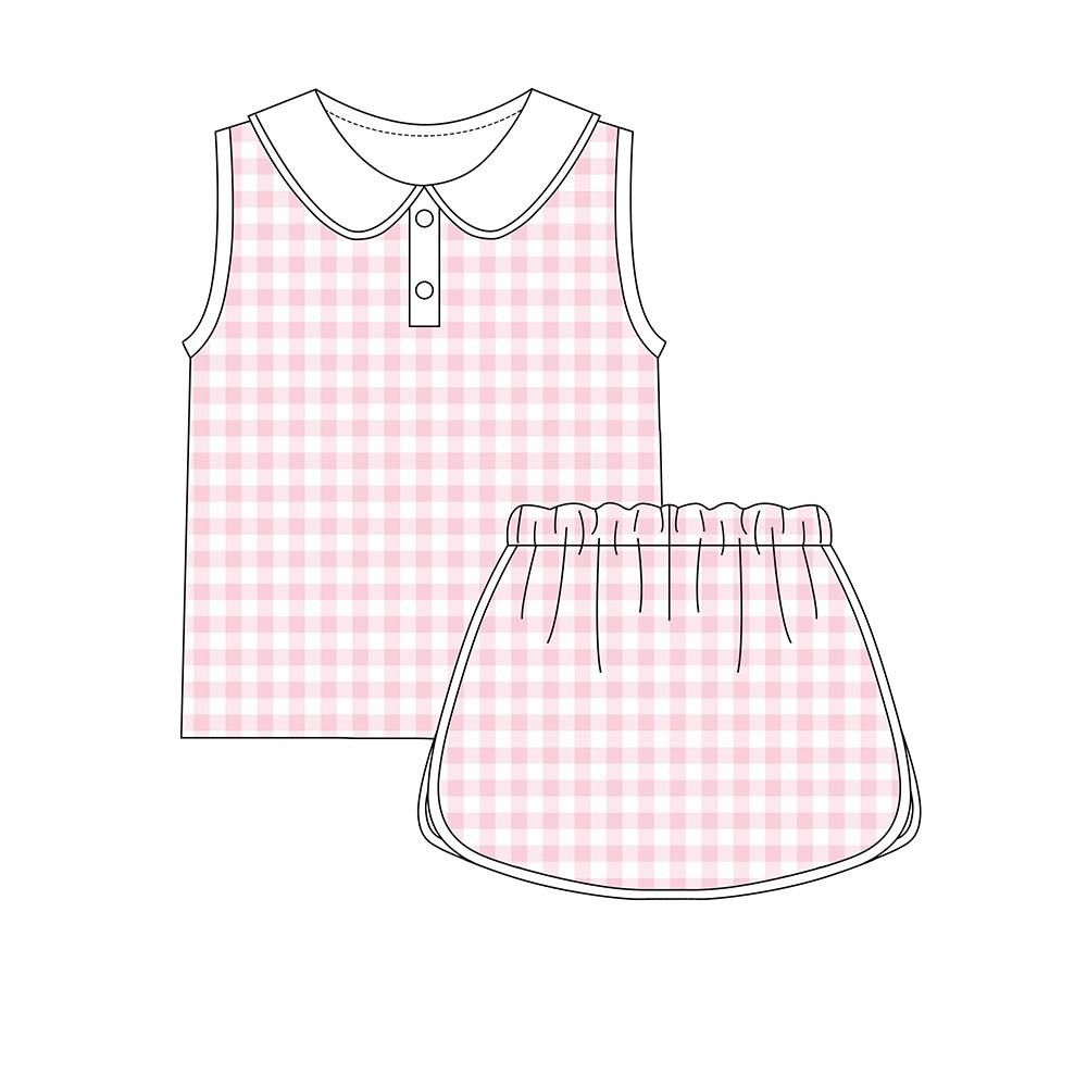 (Pre-order)GSD3374 Pink Plaid Vest Top Skirts Girls Summer Yoga Clothes Set