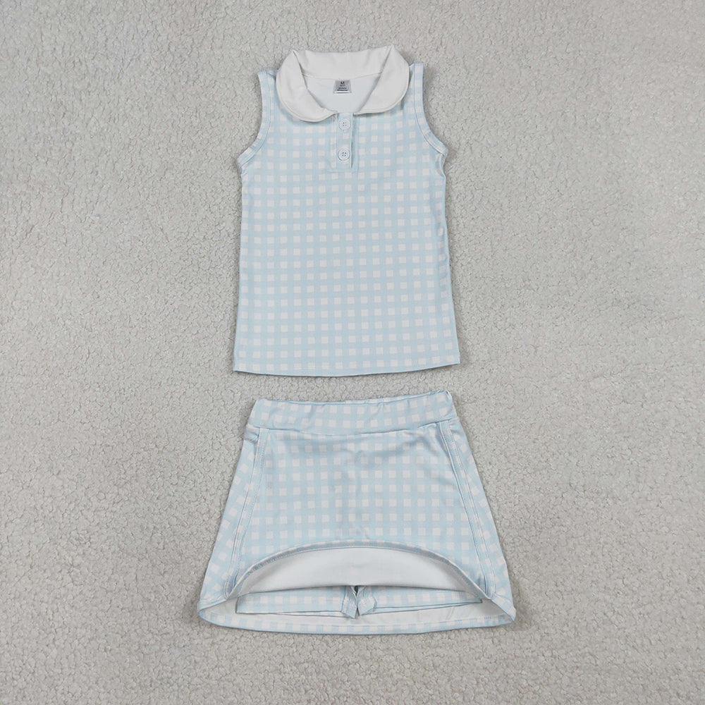 GSD3375 Light Blue Plaid Vest Top Skirts Shorts Girls Summer Yoga Clothes Set