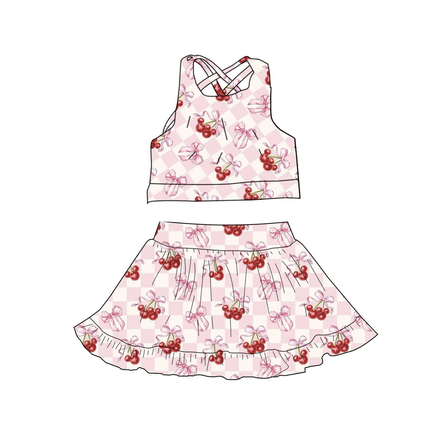 (Pre-order)GSD3379 Cartoon Mouse Cherry Bows Plaid Tank Top Skirts Girls Summer Yoga Clothes Set