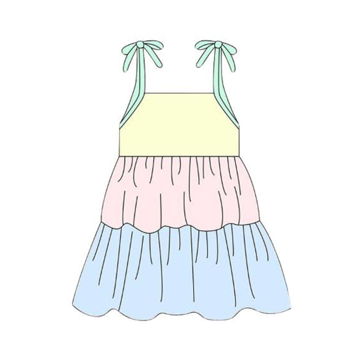 (Pre-order)GSD3393 Yellow Pink Blue Color Girls Summer Knee Length Strap Dress