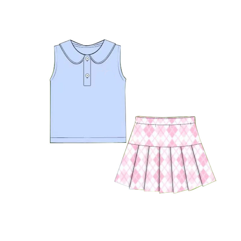 (Pre-order)GSD3395 Blue Top Pink Plaid Skirts Girls Summer Yoga Clothes Set