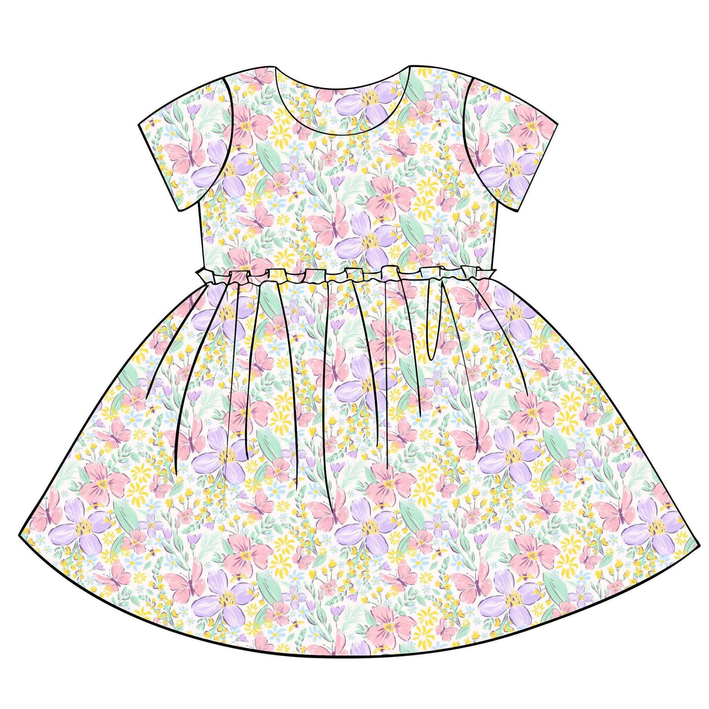 (Pre-order)GSD3397 Colorful Flowers Butterfly Print Girls Summer Knee Length Dress