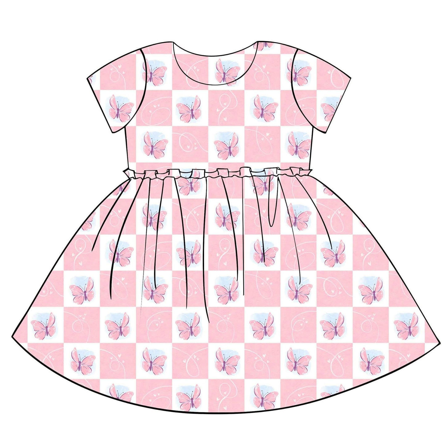 (Pre-order)GSD3398 Butterfly Pink Plaid Print Girls Summer Knee Length Dress
