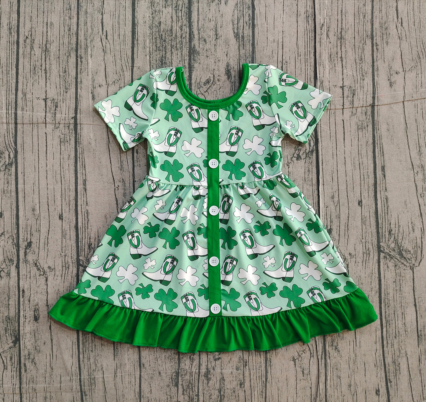 (Pre-order)GSD3404 Leaf Boots Green Print Girls St. Patrick's Day Knee Length Dress