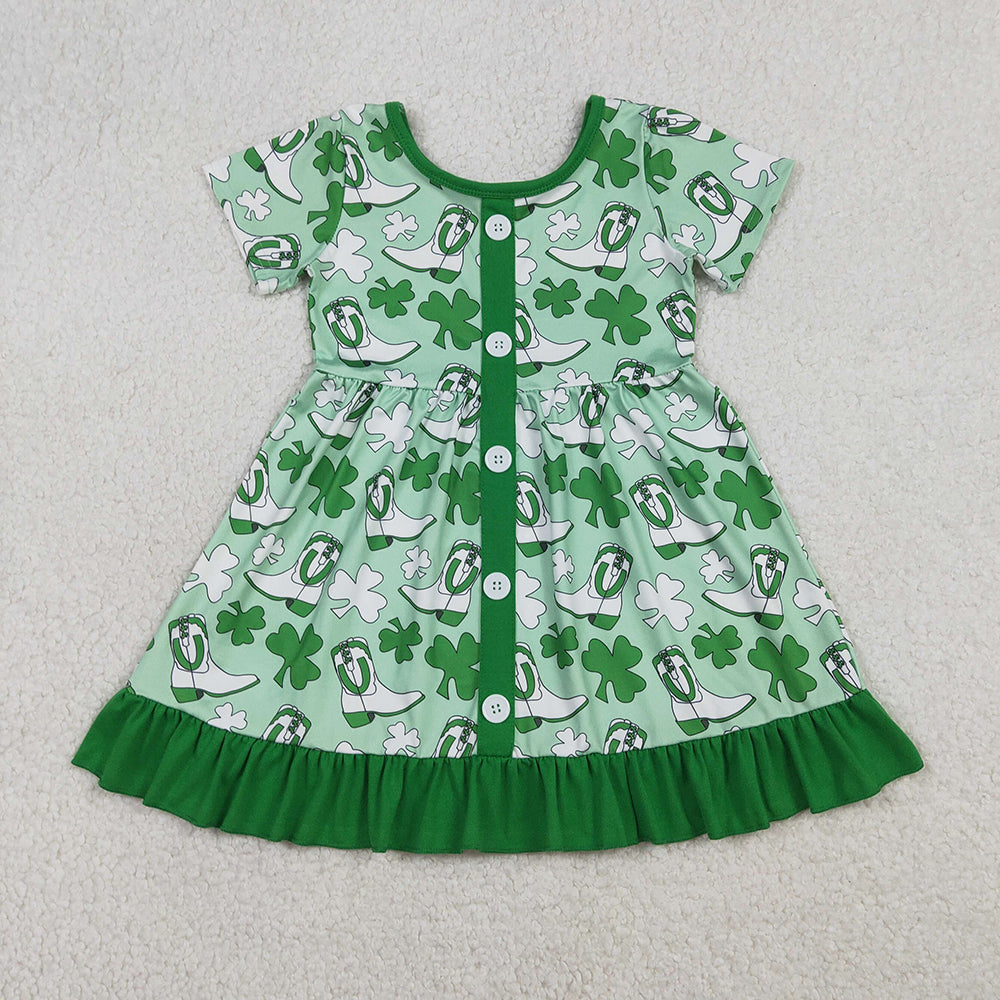 GSD3404 Leaf Boots Green Print Girls St. Patrick's Day Knee Length Dress