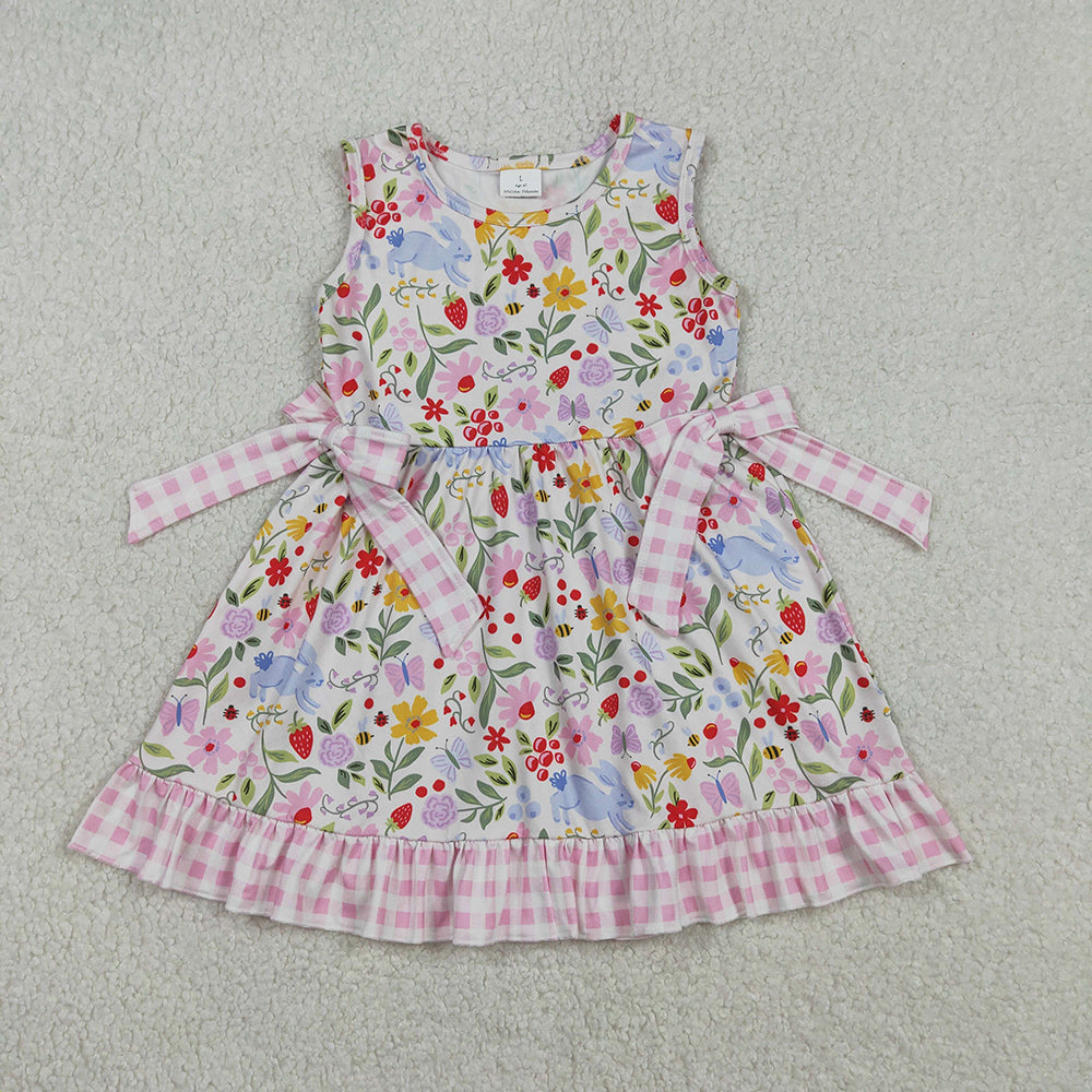 GSD3405 Bunny Colorful Flowers Print Girls Easter Knee Length Dress