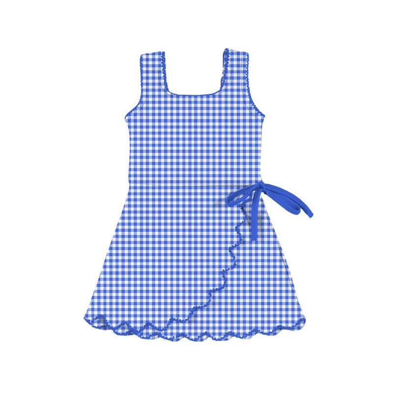 (Pre-order)GSD3427 Blue Small Plaid Print Girls Summer Knee Length Yoga Dress