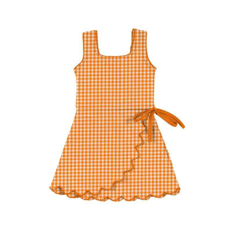 (Pre-order)GSD3429 Orange Small Plaid Print Girls Summer Knee Length Yoga Dress