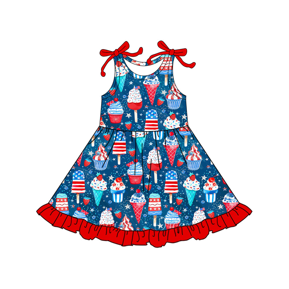 (Pre-order)GSD3434 Ice Cream Stars Print Girls 4th of July Knee Length Dress