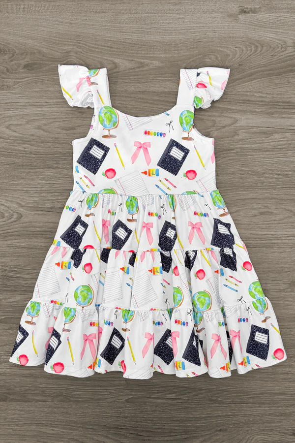 (Pre-order)GSD3438 Pen Apple Bows Print Girls Back to School Knee Length Dress