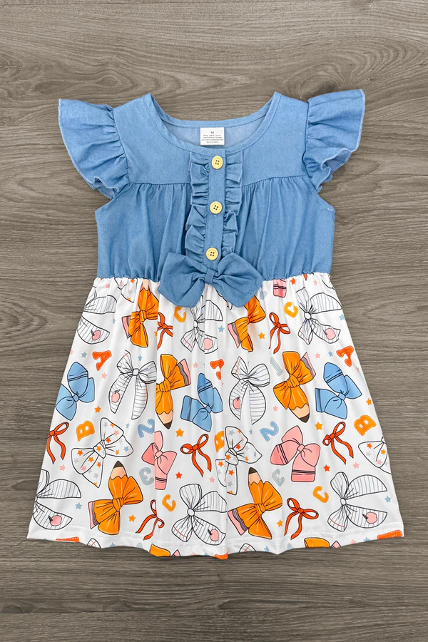 (Pre-order)GSD3439 Pen Bows Print Girls Back to School Knee Length Dress