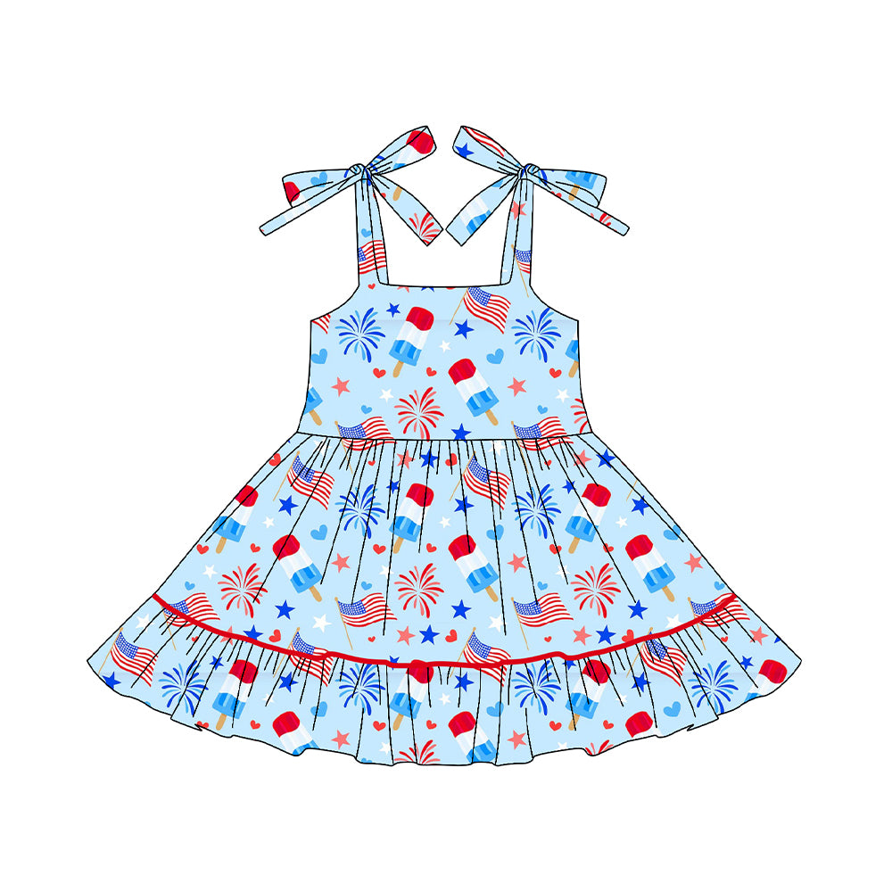 (Pre-order)GSD3442 Popsicle Flag Stars Print Girls 4th of July Knee Length Dress