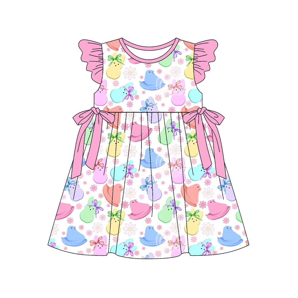 (Pre-order)GSD3451 Bunny Flowers Bows Print Girls Easter Knee Length Dress