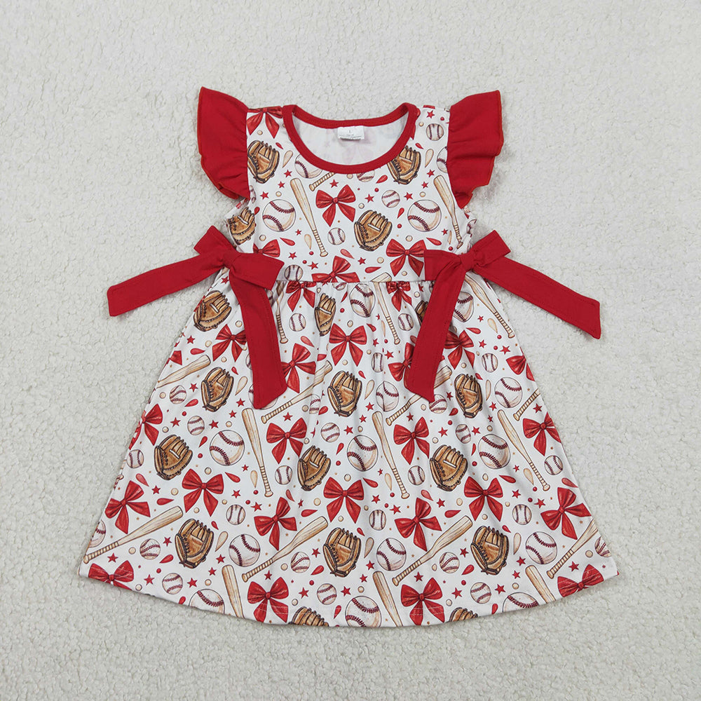 GSD3455 Baseball Bows Print Girls Summer Knee Length Dress