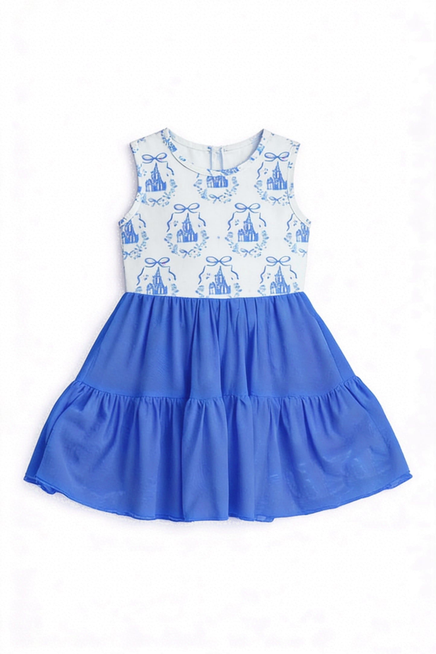 (Pre-order)GSD3462 Castle Bows Blue Print Girls Summer Knee Length Yoga Dress