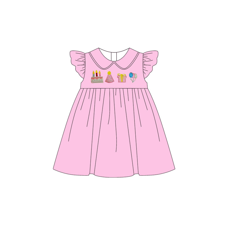 (Pre-order)GSD3463 Cake Pink Print Girls Happy Birthday Knee Length Dress