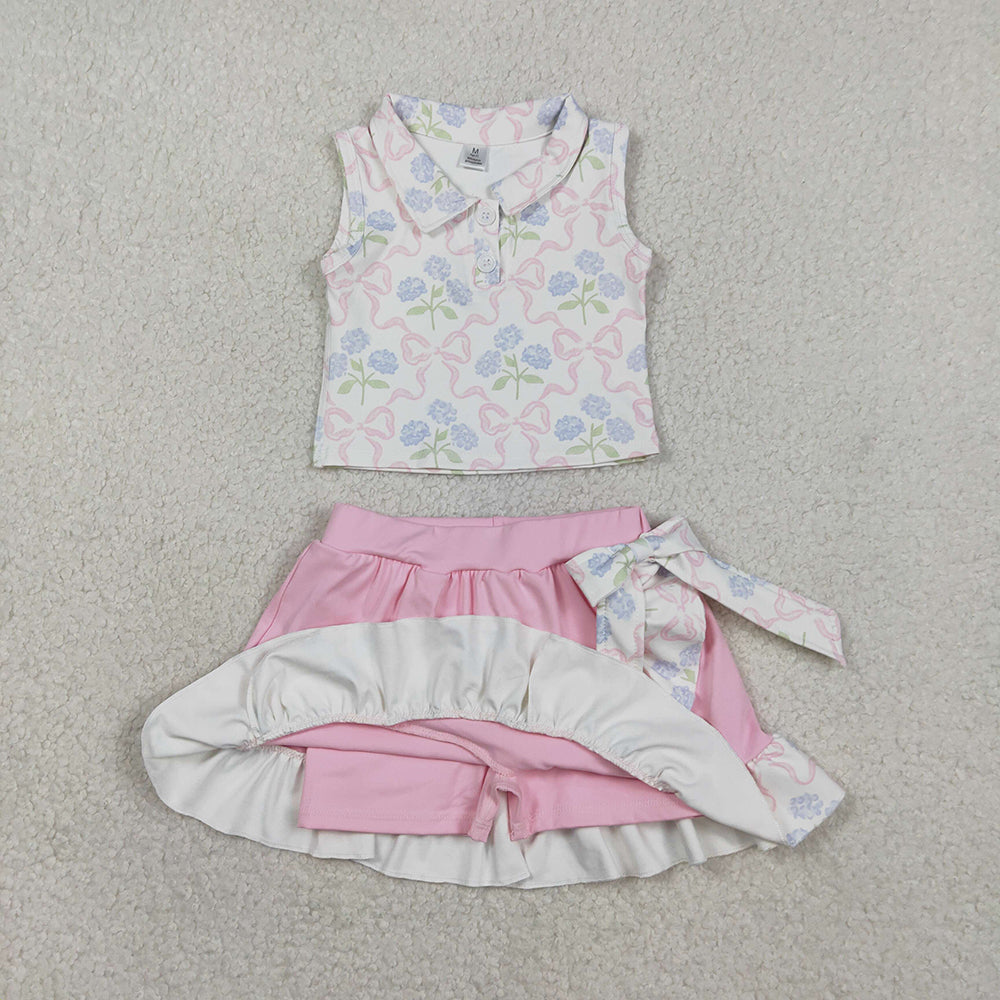 GSD3478 Flowers Bows Top Pink Ruffle Skirts Shorts Girls Summer Yoga Clothes Set